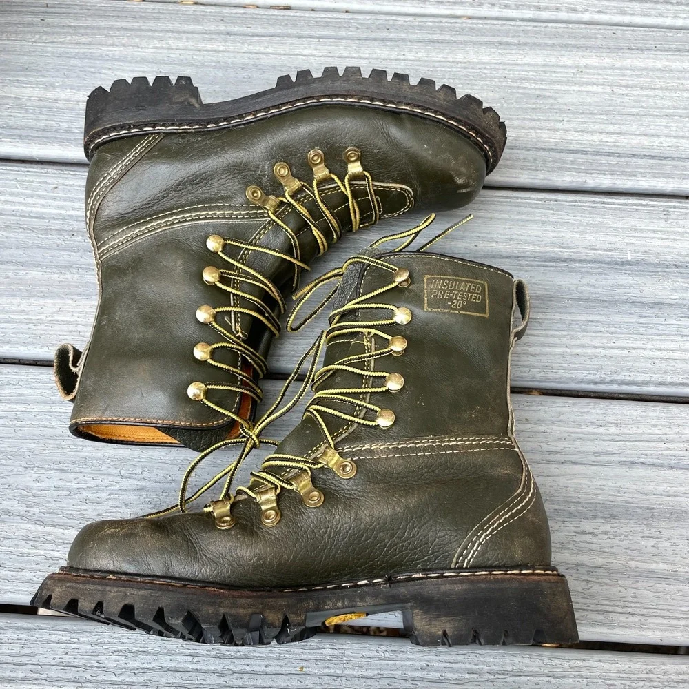 Herman Survivor Vintage 60s Boots Size 5 M/W Green Leather Logger  Vibram Soles